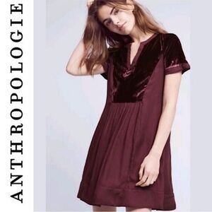 Anthropologie Maeve Velvet Tunic Dress | Small | Plum Maroon Short Sleeve Winter